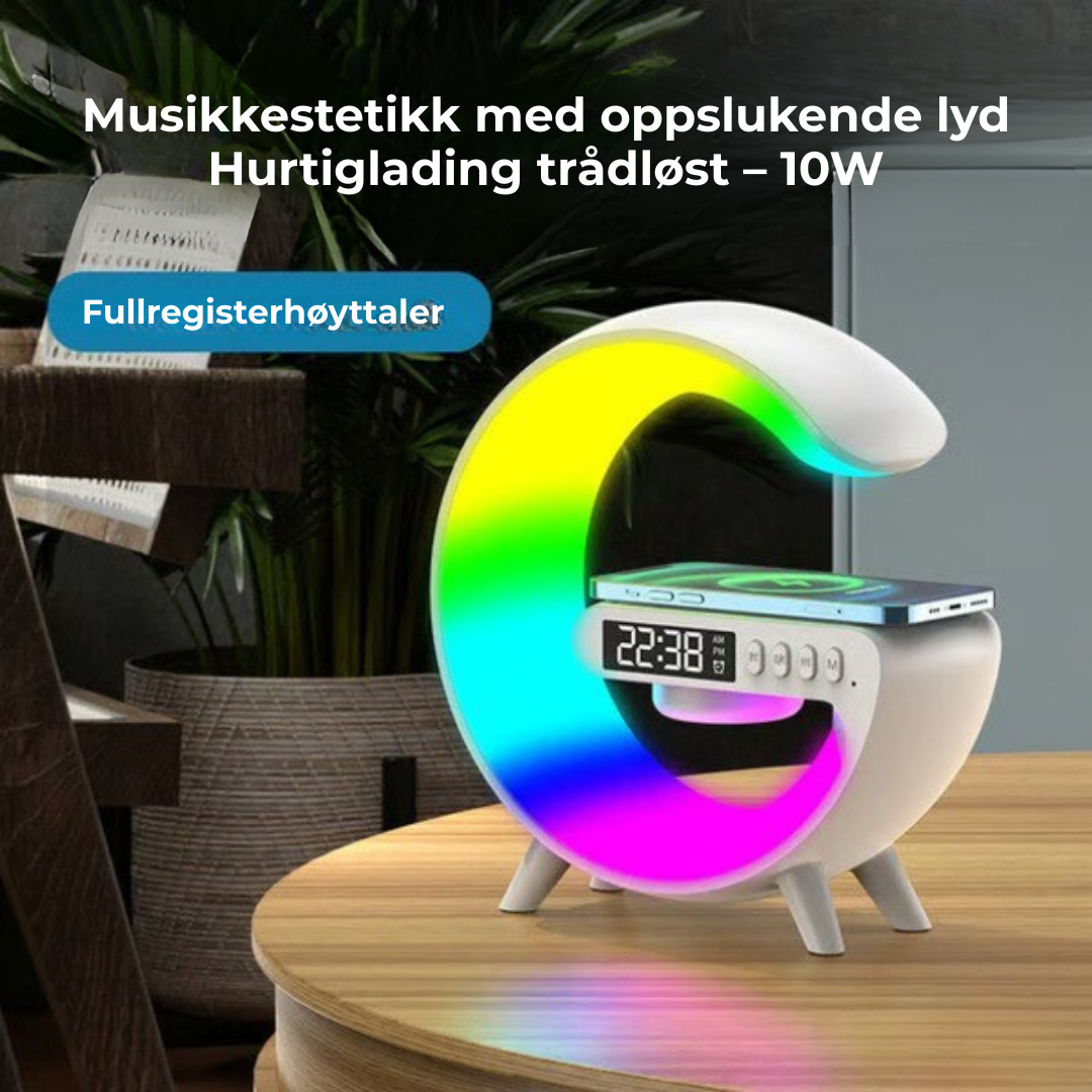 AudioGlow™ | Soloppgangsvekkeklokke, Bluetooth-høyttaler, trådløs lader, stemningsbelysning!